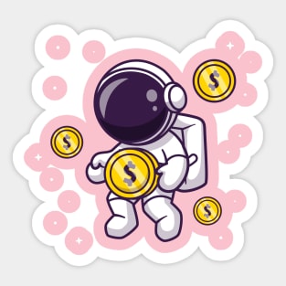 Cute Astronaut Floating With Gold Coin Cartoon Sticker